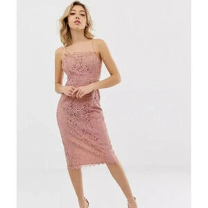 ASOS DESIGN Petite Square Neck Pencil Sheath Midi Lace Blush Pink Dress 0 XS NWT